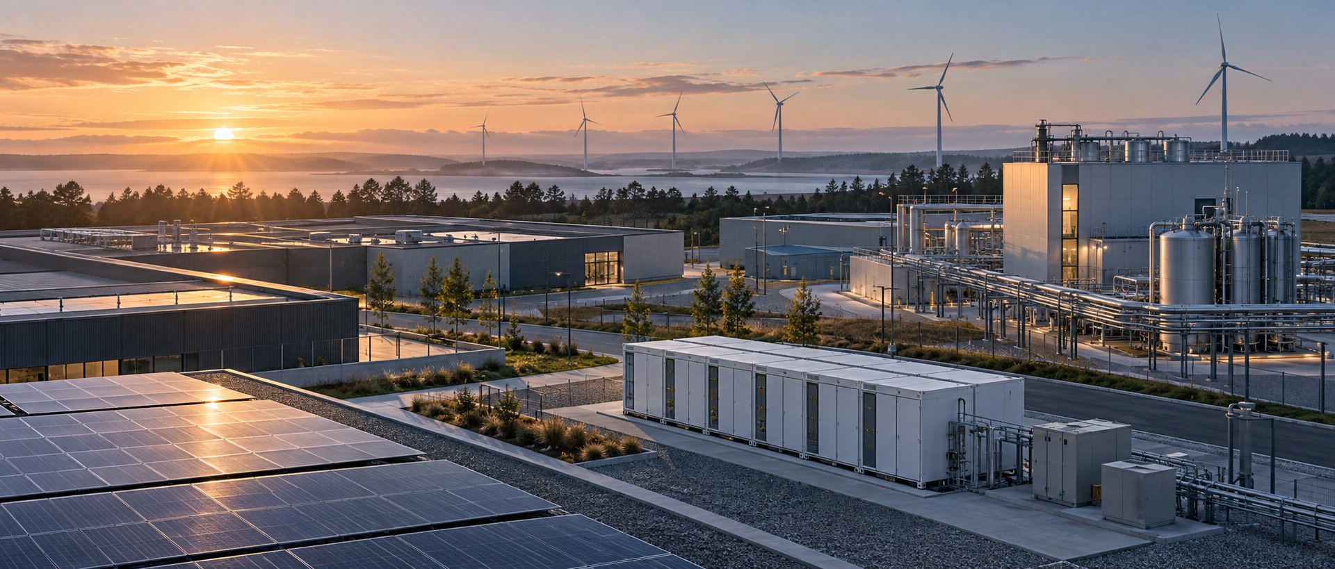 Illustrative clean-energy campus with solar panels, storage, process facilities and wind turbines