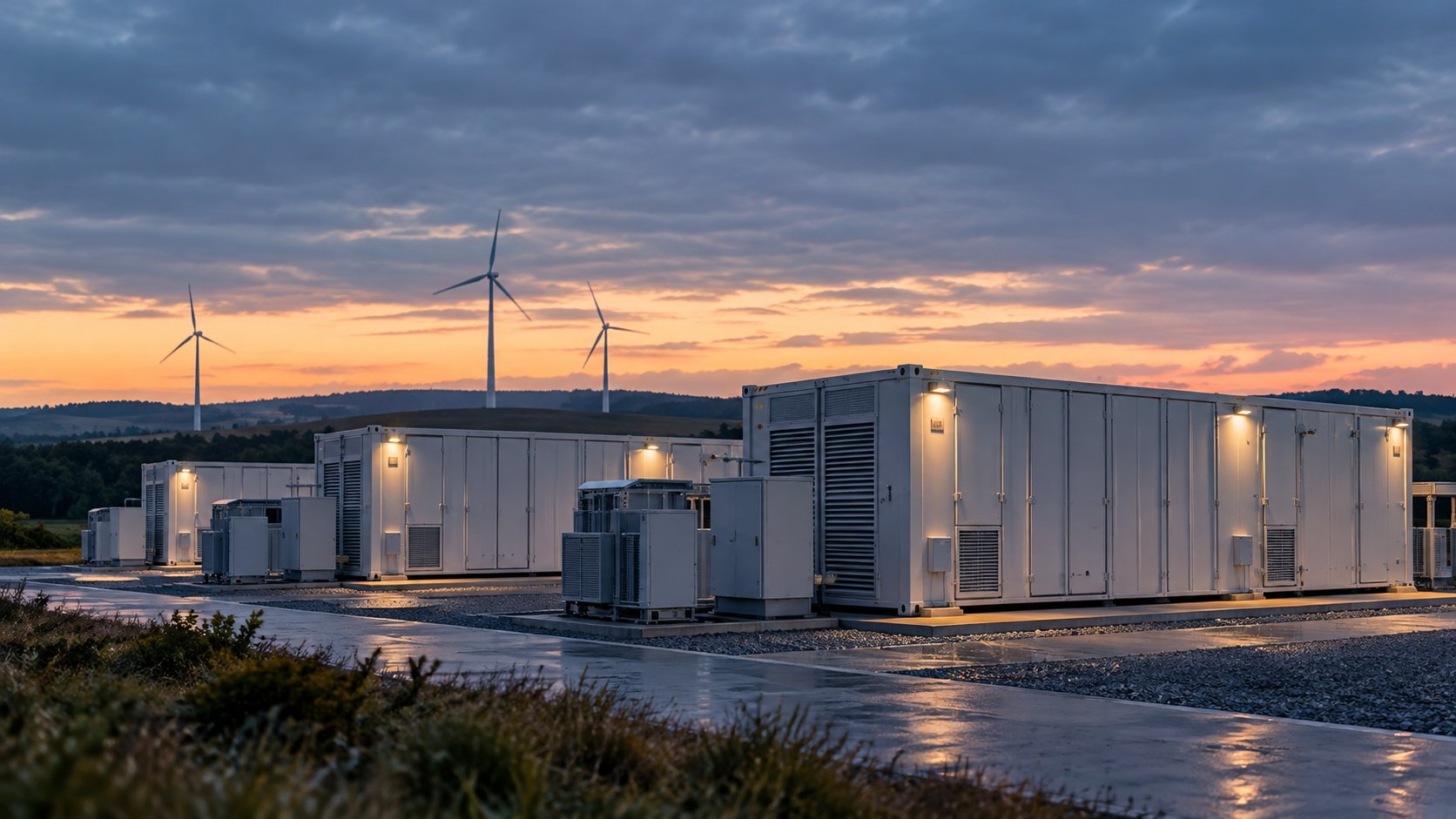 Illustrative energy-storage facility with wind generation in the distance